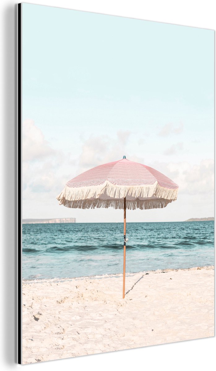 Wanddecoratie Metaal - Aluminium Schilderij Industrieel - Parasol - Strand - Zee - Wolken