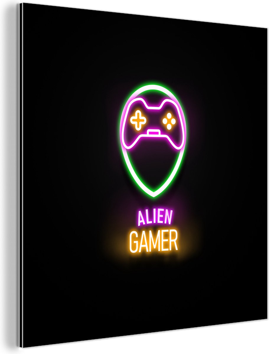 Wanddecoratie Metaal - Aluminium Schilderij Industrieel - Gaming - Quotes - Neon - Alien gamer - Controller - 50x50 cm - Dibond - Foto op aluminium - Industriële muurdecoratie - Voor de woonkamer/slaapkamer