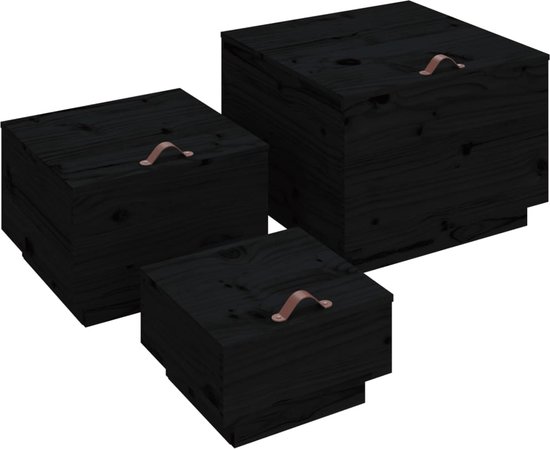 vidaXL - Opbergboxen - met - deksels - 3 - st - massief - grenenhout - zwart