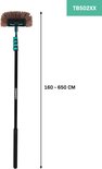 Zwarte telescoopsteel met bruine borstelkop, ingesteld op 160-650 cm. Label 'TB502XX'.