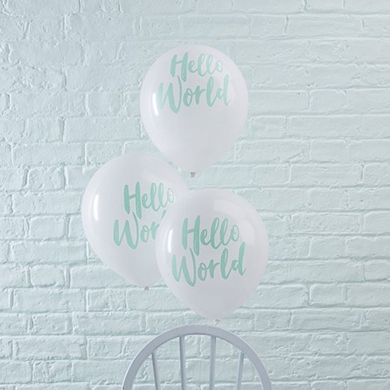Ginger Ray Hello World babyshower ballon Ø 28 cm - Wit & mint - Set-10