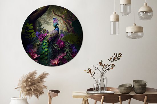 WallCircle - Stickers muraux - Cercle de papier peint - Paon - Jungle - Fleurs - Nature - 120x120 cm - Cercle mural - Autocollant - Papier peint autocollant rond XXL