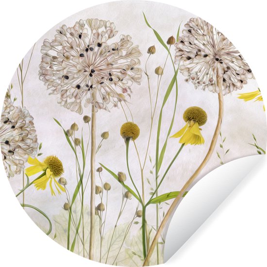 Behangcirkel - Bloemen - Waterverf - Stilleven - Zelfklevend behang - Ronde wanddecoratie - Cirkel behang - Muurcirkel - Rond behang - 120x120 cm - Wandcirkel - Behangsticker - Woonkamer - Kamer decoratie