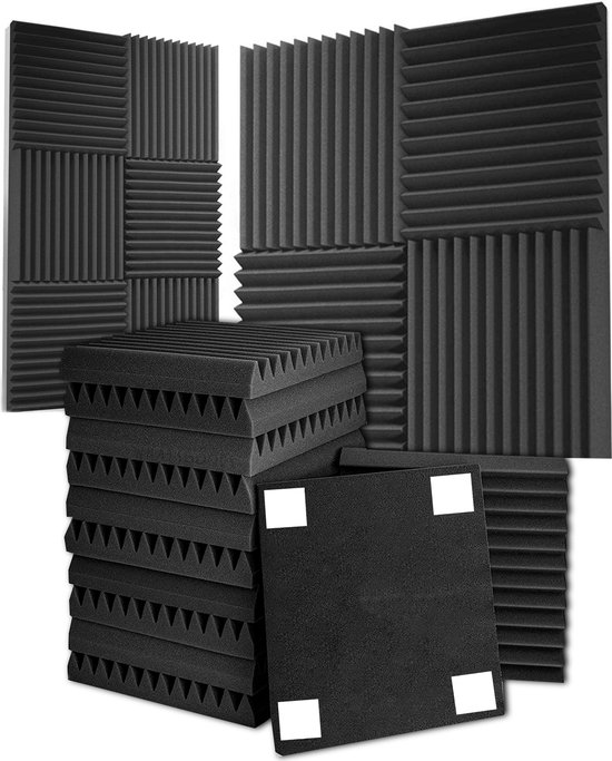 What's Goods® Akoestische foam panels 25kg/m3 30x30x5cm Set x12 tegels - Muur studio noppenschuim absorptieplaten / geluidsisolatie panelen zwart + 48x bevestigingstickers