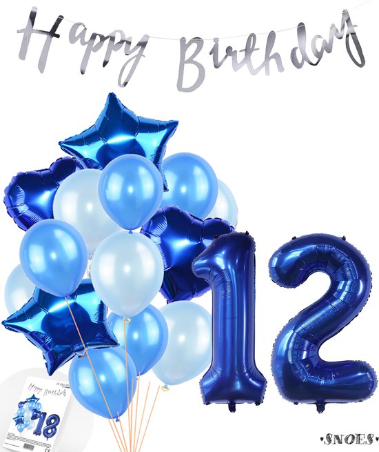 Snoes Ballonnen 12 Jaar Feestpakket – Versiering – Verjaardag Set Mason Blauw Cijferballon 12 Jaar - Heliumballon