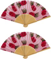 Spaanse handwaaier - 4x - Tropische zomer kleuren print roze ananas - bamboe/papier - 21 cm