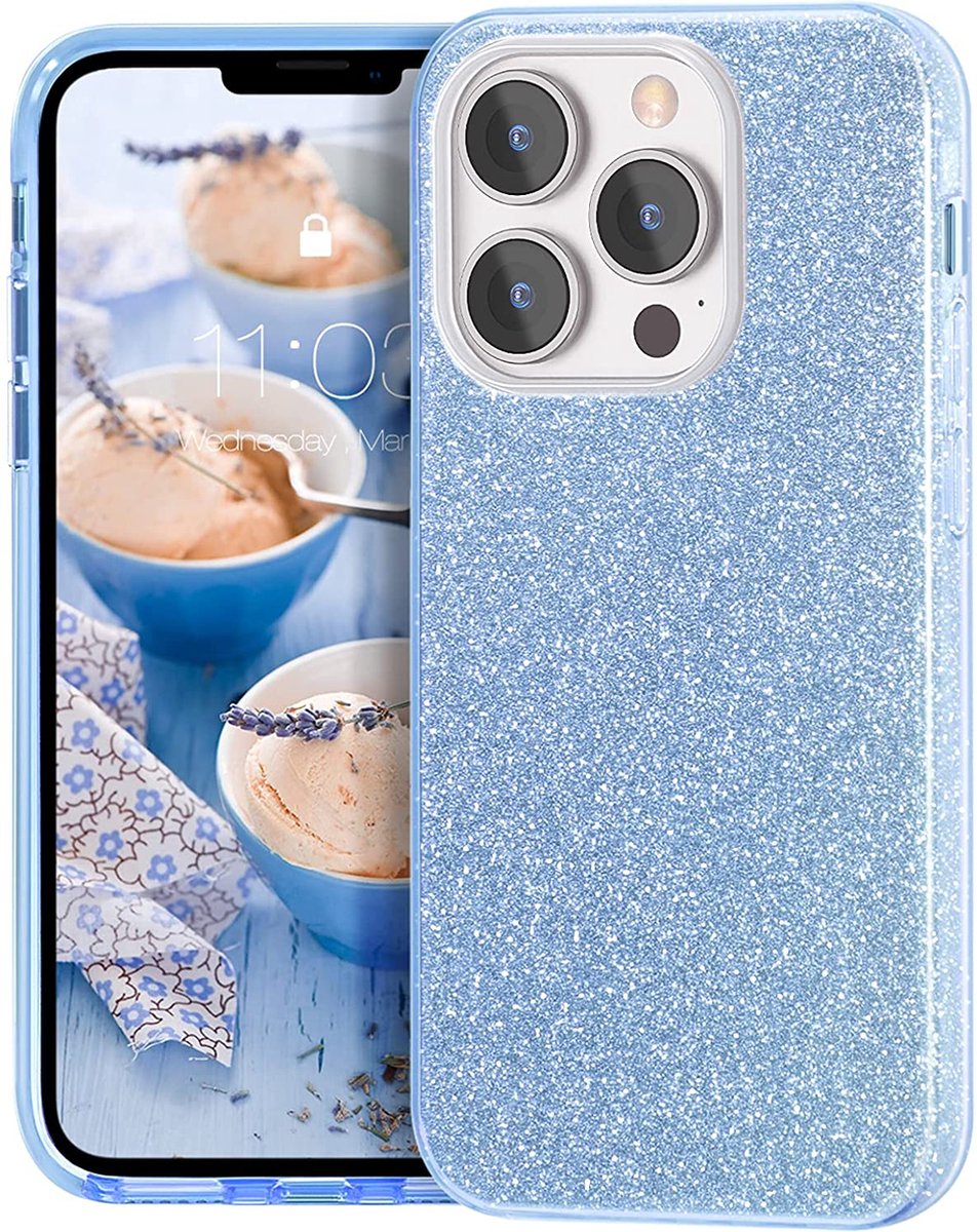 Casemania Hoesje Geschikt voor Apple iPhone 14 Pro Max - Blauw - Glitter Back Cover