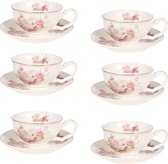 HAES DECO - Tasse et Soucoupe set de 6 - contenance 125 ml - coloris Wit / Rose - Porcelaine Imprimée Fleurs - Service à thé, Service à café, Tasses à thé, Tasses à café, Cappuccino