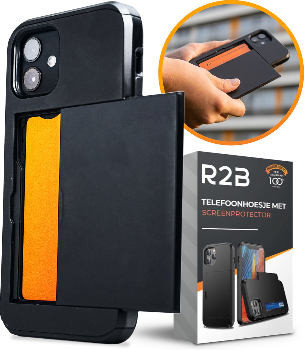 R2B® iPhone 12 Hoesje + 12 Pro hoesje met pasjeshouder voor 3 pasjes geschikt voor Apple iPhone - Inclusief screenprotector iPhone 12 + Pro - Telefoonhoesje iPhone 12 + Pro - Model Utrecht