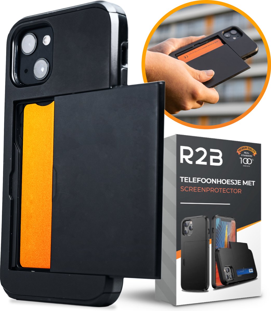 R2B® iPhone 14 Hoesje met pasjeshouder voor 3 pasjes geschikt voor Apple iPhone - Inclusief screenprotector iPhone 14 - Telefoonhoesje iPhone 14 - Model Utrecht