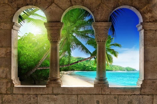 Fotobehang - Vlies Behang - Tropisch Strand, Palmbomen en Zee door de Pilaren 3D - 208 x 146 cm