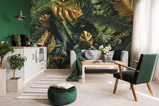 Photo Wallpaper King - Papier peint Papier peint photo - Papier peint - Jungle - Amazone - Or - Feuilles dorées - Botanique - Luxe - 368 x 254 cm - Papier peint non tissé peint intissé
