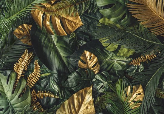 Fotobehang - Vlies Behang - Groen en Gouden Bladeren - Jungle - Botanisch - 206 x 275 cm