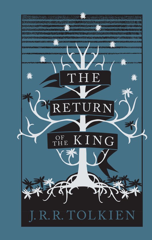 Couverture du livre 'The Return of the King' par J.R.R. Tolkien, avec un arbre blanc et des étoiles sur fond bleu.