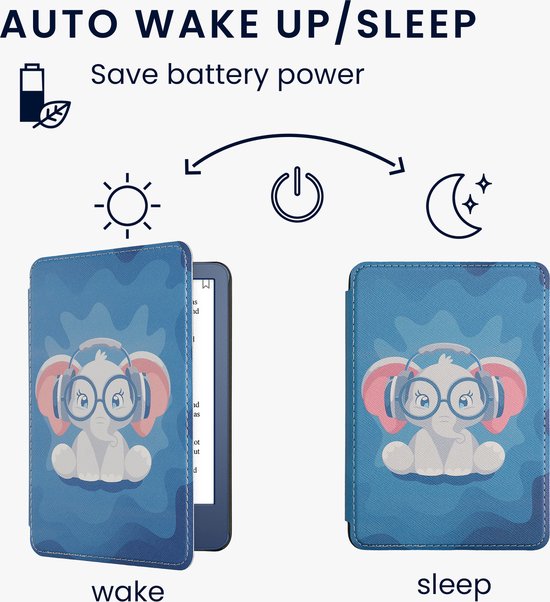 kwmobile e-reader hoesje geschikt voor Amazon Kindle (2022/2024) hoes - E reader flip case met magnetische sluiting - Ereader cover - Schattige olifant design in lichtblauw / donkerblauw / grijs — afbeelding 5