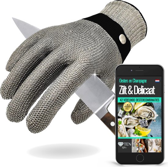 TEN® - Gant à huîtres en acier inoxydable Taille XL avec gant intérieur +  eBook de
