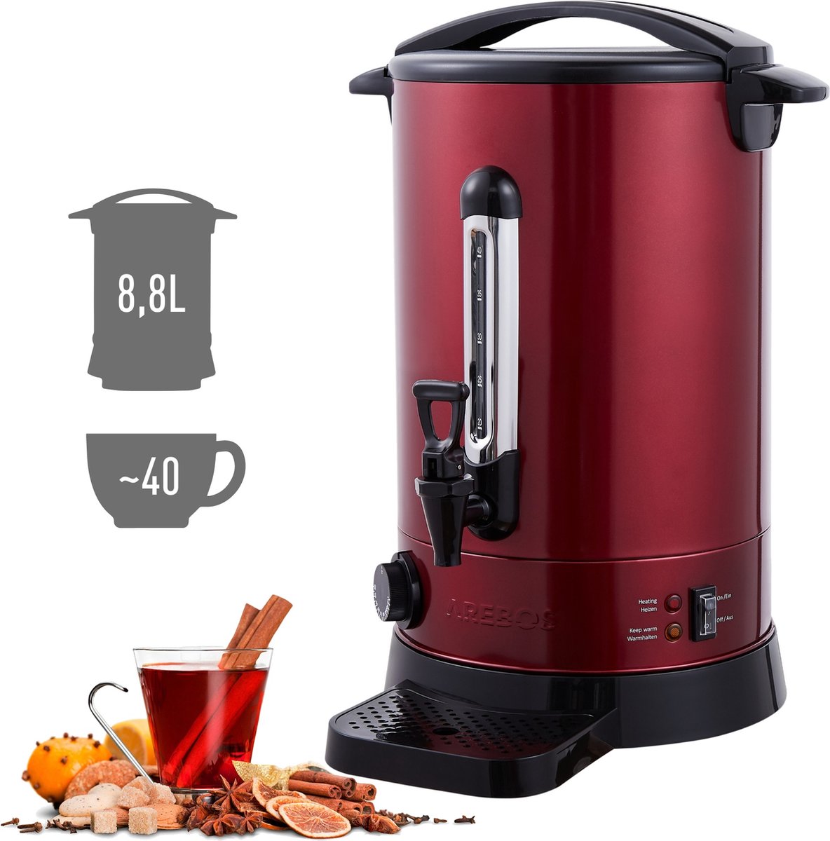 AREBOS Catering Koker 8,8L | roestvrij Staal Warmwaterdispenser 950W | Heetwaterkoker | Theekoker met traploze temperatuurregelaar 30-110 °C |Thee Koffie Glühwein Ketel | Waterkoker | Glühweinfornuis