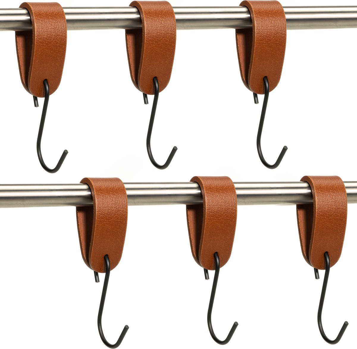 Buffel&Co Ophanghaken - Leren S-haak hangers - Cognac - 6 stuks - 15 x 2,5 cm – Handdoekhaakjes – Kapstokhaak