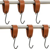 Buffel&Co Ophanghaken - Leren S-haak hangers - Cognac - 6 stuks - 15 x 2,5 cm – Handdoekhaakjes – Kapstokhaak