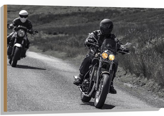 Hout - Twee Motorrijders tijdens Rondje Rijden - 90x60 cm - 9 mm dik - Foto op Hout (Met Ophangsysteem)