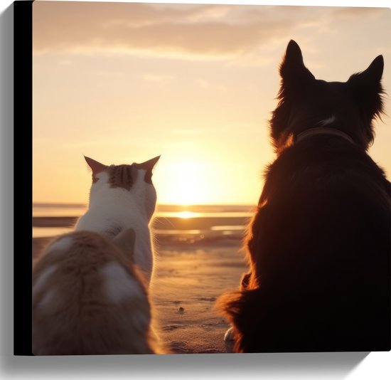 Canvas - Kat en Hond op het Strand Kijkend naar Zonsondergang - 40x40 cm Foto op Canvas Schilderij (Wanddecoratie op Canvas)