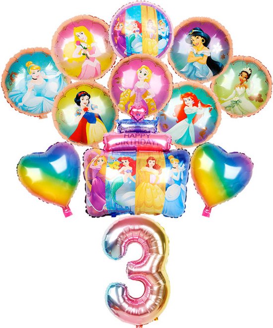 Disney Princess Ballonnen - Disney Ballonnen 12 stuks - Prinsessen Ballonnen - Disney Cijfer Ballon 3 Jaar - Disney Feestpakket - Ballonnen Pakket - Verjaardag Versiering voor Prinsessen - Feestversiering - Ballonnen set - Kinderfeestje Prinses Thema