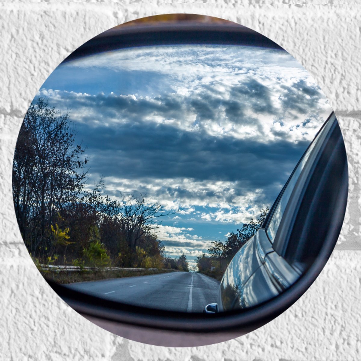 Muursticker Cirkel - Uitzicht op Bomen langs de Weg vanuit Autospiegel - 20x20 cm Foto op 