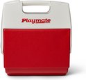 Witte koelbox met rood voorpaneel en 'Playmate Igloo' logo, frontaal.