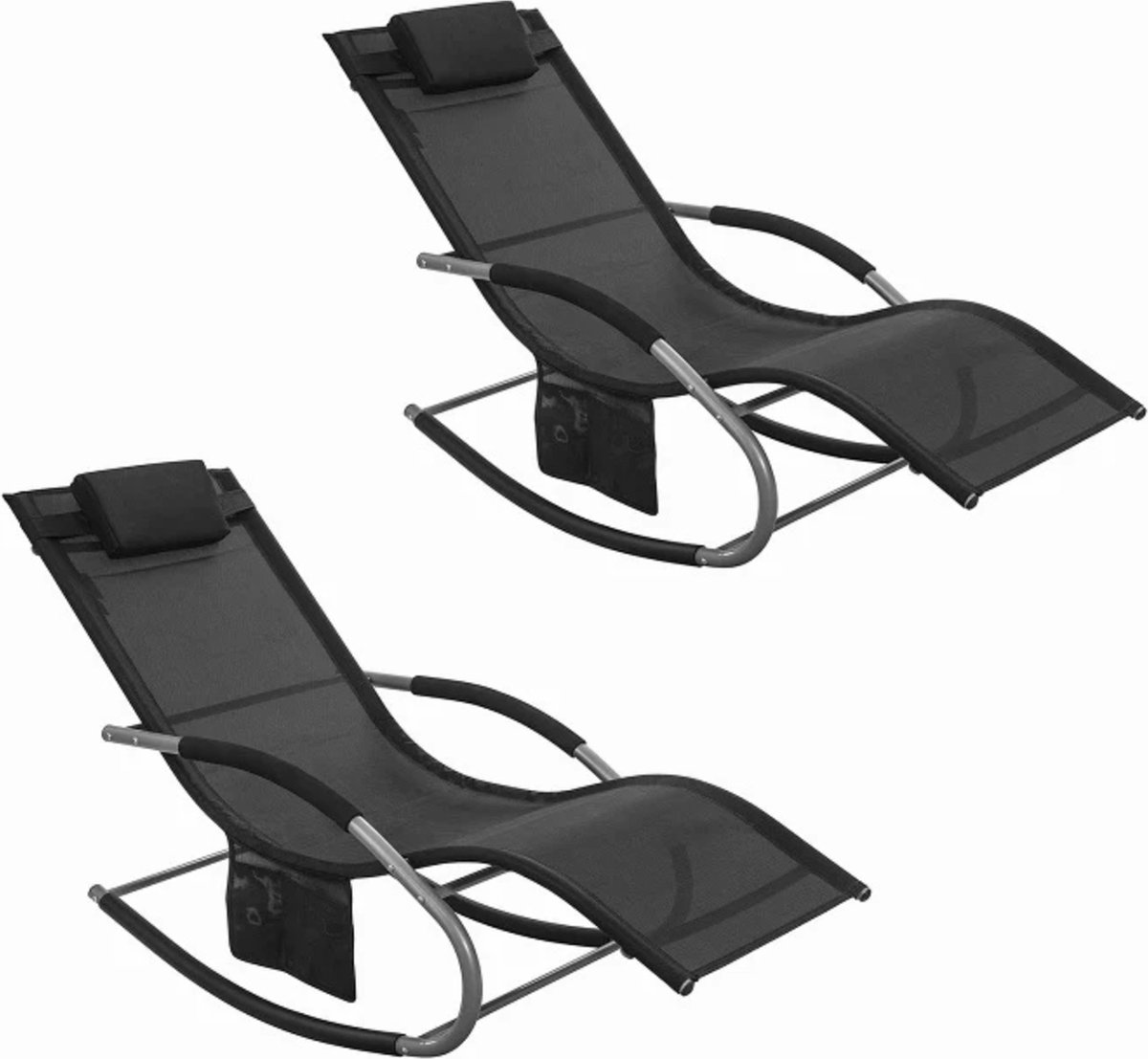 Simpletrade Ligbed Set van 2 - Ligstoel - Ademend ligvlak - Afneembaar kussen - Zwart - 158x62x68 cm