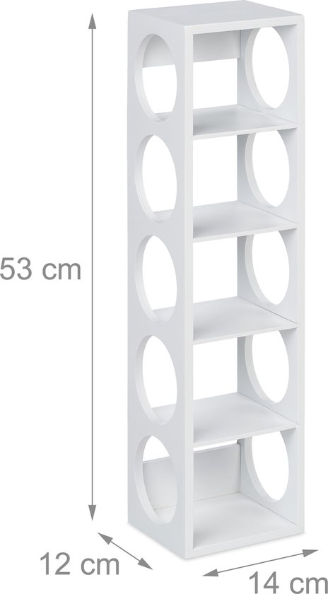 Wit, staand wijnrek met 5 niveaus, afmetingen 53 cm hoog, 14 cm diep en 12 cm breed.