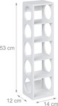 Wit, staand wijnrek met 5 niveaus, afmetingen 53 cm hoog, 14 cm diep en 12 cm breed.