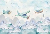Fotobehang - Vlies Behang - Vliegtuigen tussen de Wolken in de Bergen - Scandinavisch Kinderbehang - 368 x 254 cm