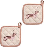 HAES DECO - Set van 2 Pannenlappen voor een kind - formaat 16x16 cm - kleuren Wit / Beige / Bruin - van 100% Katoen - Collectie: Dachshund Love - Kinder Pannenlap