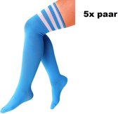 5x Paar Lange sokken turquoise met witte strepen - maat 36-41 - Lieskousen - kniekousen overknee kousen sportsokken cheerleader carnaval voetbal hockey unisex festival