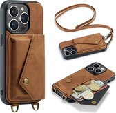 Casemania Hoesje Geschikt voor Apple iPhone 14 Pro Sienna Brown - Luxe Back Cover met Koord - Wallet Case - Pasjeshouder