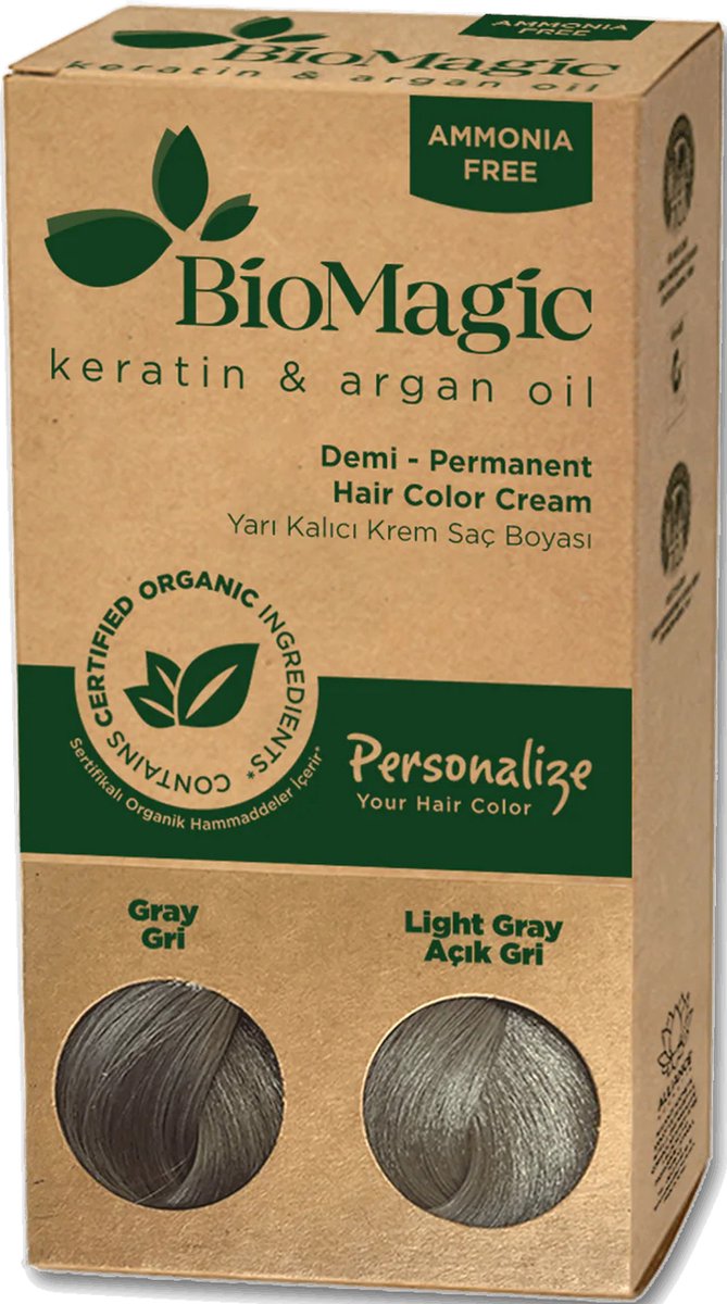Grijs / Grey Demi Permanent - Natuurlijke Haarkleuring - Biologische Haarverf - verrijkt met Keratine en Arganolie, zonder Ammoniak, PPD en Resorcinol - Dierproefvrij - Organic - Personalize Your Hair Color With BioMagic Haarverf