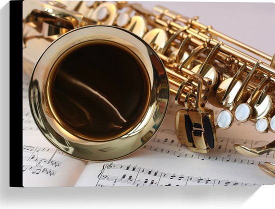 Canvas - Gouden Glimmende Saxofoon op Muzieknoten Bladeren - 40x30 cm Foto op Canvas Schilderij (Wanddecoratie op Canvas)