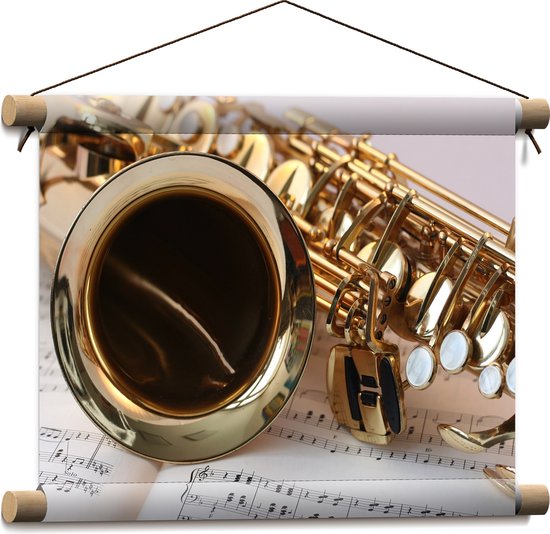 Textielposter - Gouden Glimmende Saxofoon op Muzieknoten Bladeren - 40x30 cm Foto op Textiel
