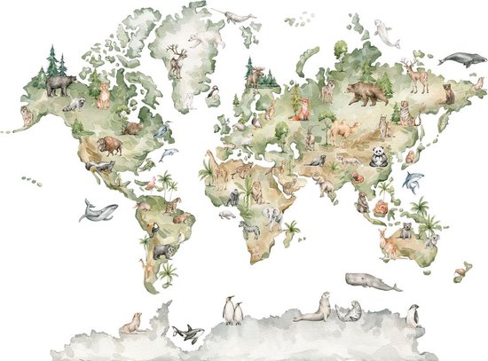 Papier peint photo - Papier peint en Vinyl - Wereldkaart avec des Animaux - Papier peint pour enfants scandinave - 368 x 254 cm