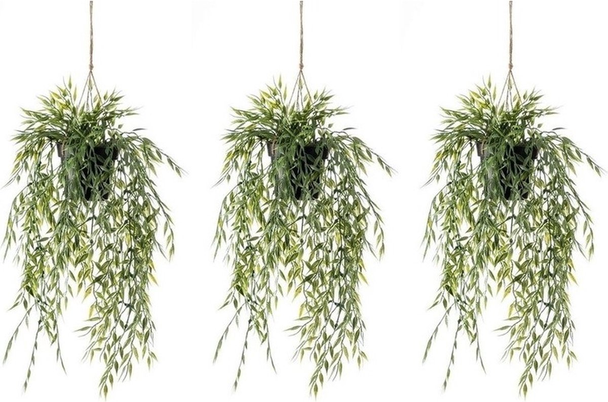 Shoppartners Groene bamboe kunstplant - 3x - 50 cm - in hangende pot - Kunstplanten/nepplanten