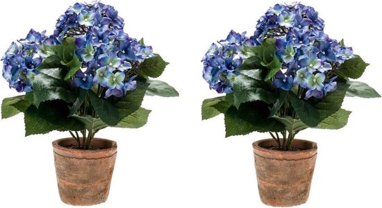 2x Kunstplant Hortensia blauw in terracotta pot 37 cm - Kamerplant blauwe Hortensia