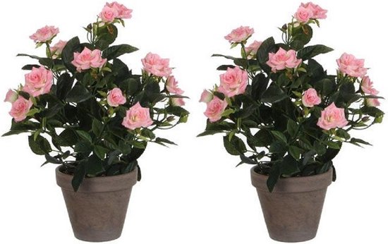 2x Roze rozen kunstplant 33 cm in pot stan grey - Kunstplanten/nepplanten