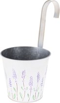 Bloempot/plantenbak zinken emmertje met ophanghaak creme wit met lavendel 14 x 13 x 26 cm - Balkon/schutting plantenpot