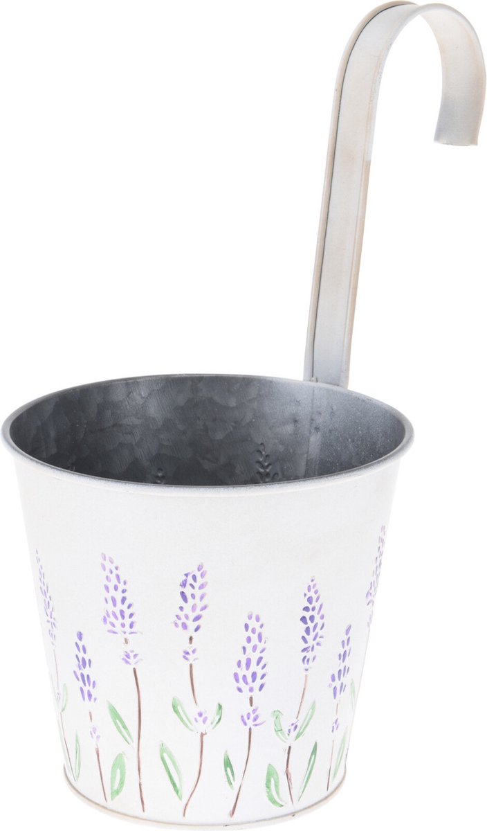 Bloempot/plantenbak zinken emmertje met ophanghaak creme wit met lavendel 14 x 13 x 26 cm - Balkon/schutting plantenpot