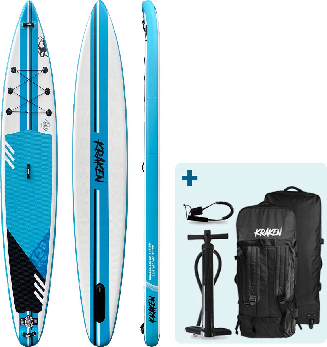 KRAKEN Dubbellaags Touring SUP 12'6 ELITE | Premium Double Layer Fusion Supboard | Complete Set - 381 x 71 x 15 CM - Stand Up Paddle Board - PREMIUM Kwaliteit - Extra Snel - Dubbellaags - 12 foot 6 - TOT 100 KG