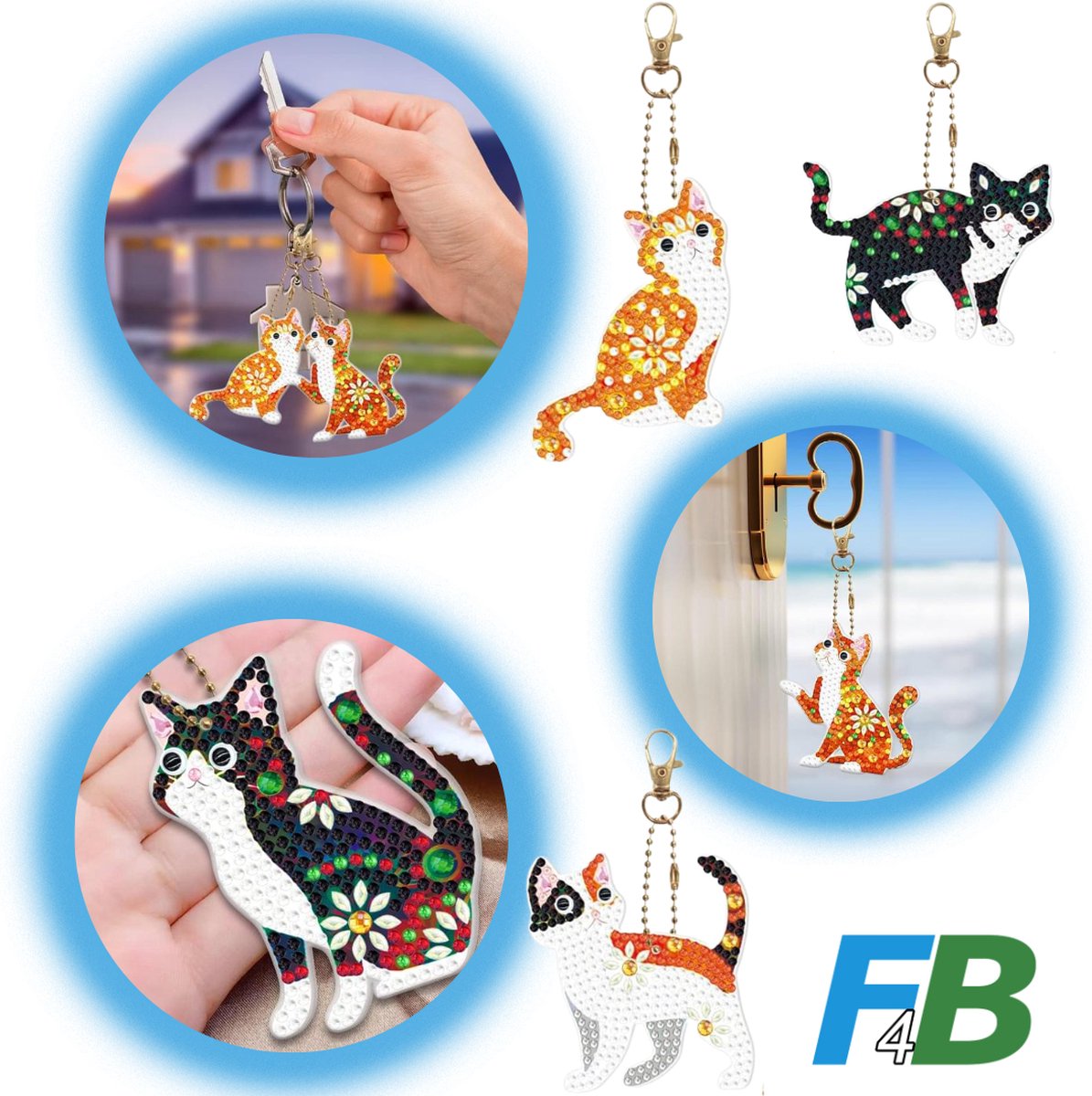 F4B Diamond Painting Katten Sleutelhangers – 5 Stuks – 8 cm – Volledig Pakket — afbeelding 5