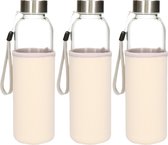 3x stuks glazen waterfles/drinkfles met grijze softshell bescherm hoes 500 ml - Sportfles - Bidon