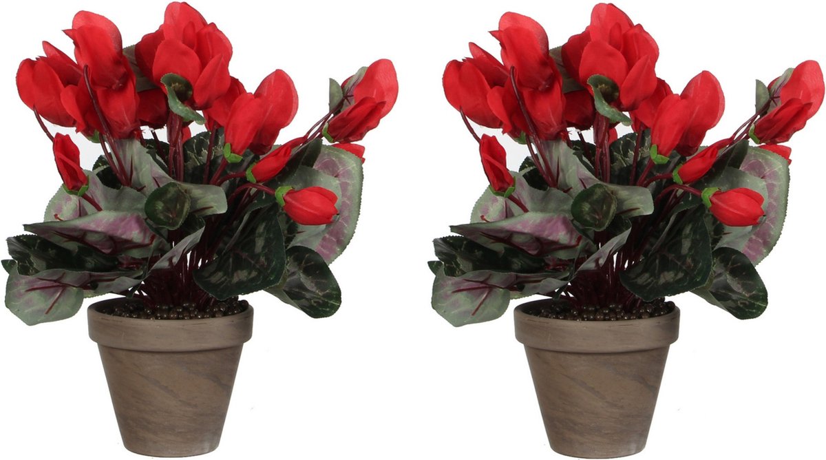 Mica Decorations Cyclaam kunstplant rood in keramieken pot H30 x D30 cm - 2x stuks - Kunstplanten/nepplanten met bloemen