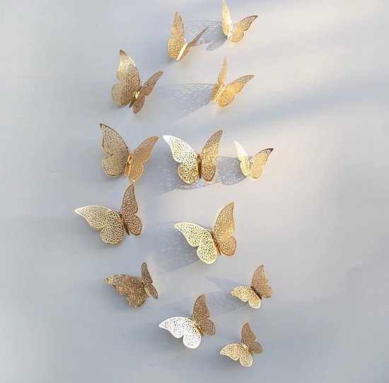 3 Sets 3D Gouden Vlinder -Muurstickers -Unieke Muurdecoratie -Vlinders - Muurvlinders - Stickers- diverse afm. - 3 x 12 Stuks - Goud