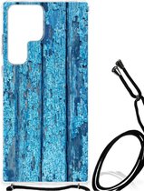 Shockproof Case Geschikt voor Samsung Galaxy S23 Ultra Telefoonhoesje met doorzichtige rand Wood Blue